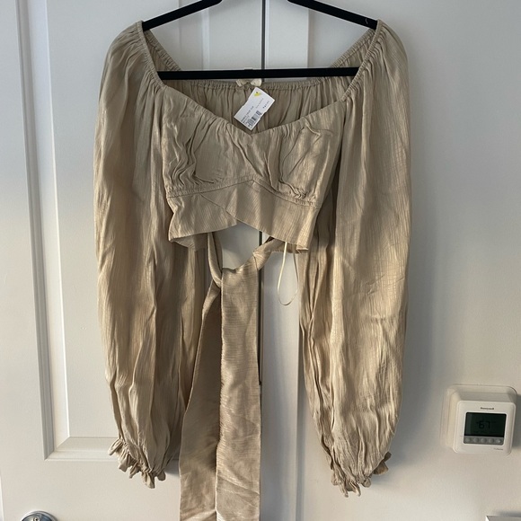 Wrap Long Sleeve Crop Top in Taupe | Mable - Picture 3 of 3